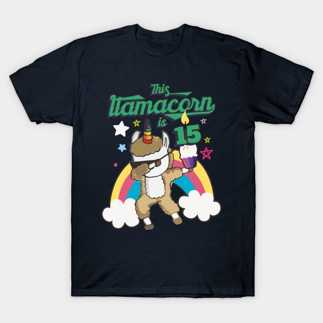 Dabbing Llamacorn Alpaca Llama Unicorn 15TH Birthday T-Shirt by porcodiseno